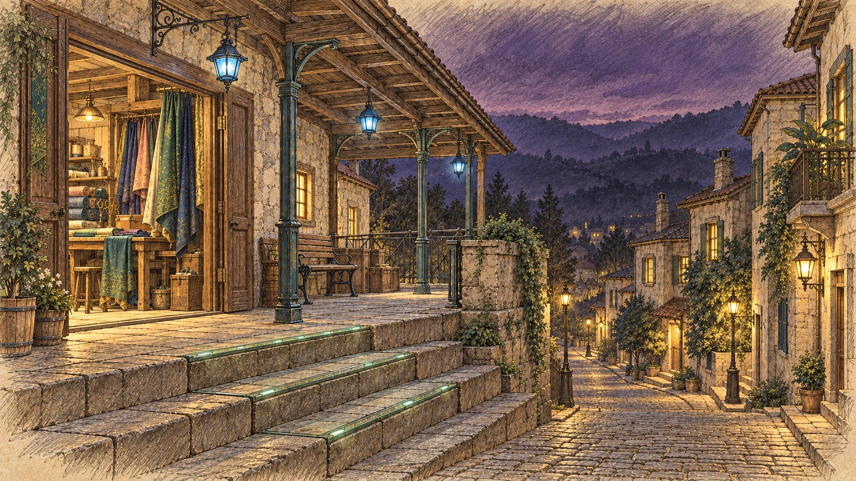 Peron și atelier de lumină sub cer violet, cu lămpi albastre, trepte cu margini verzi și ferestre aprinse pe pantă.